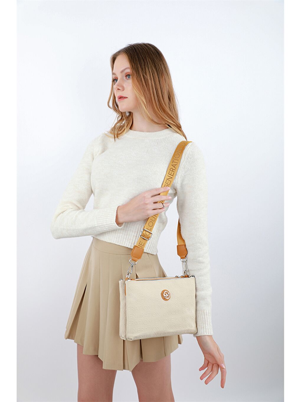 Ekru Baskılı Kadın Omuz Çantası-2