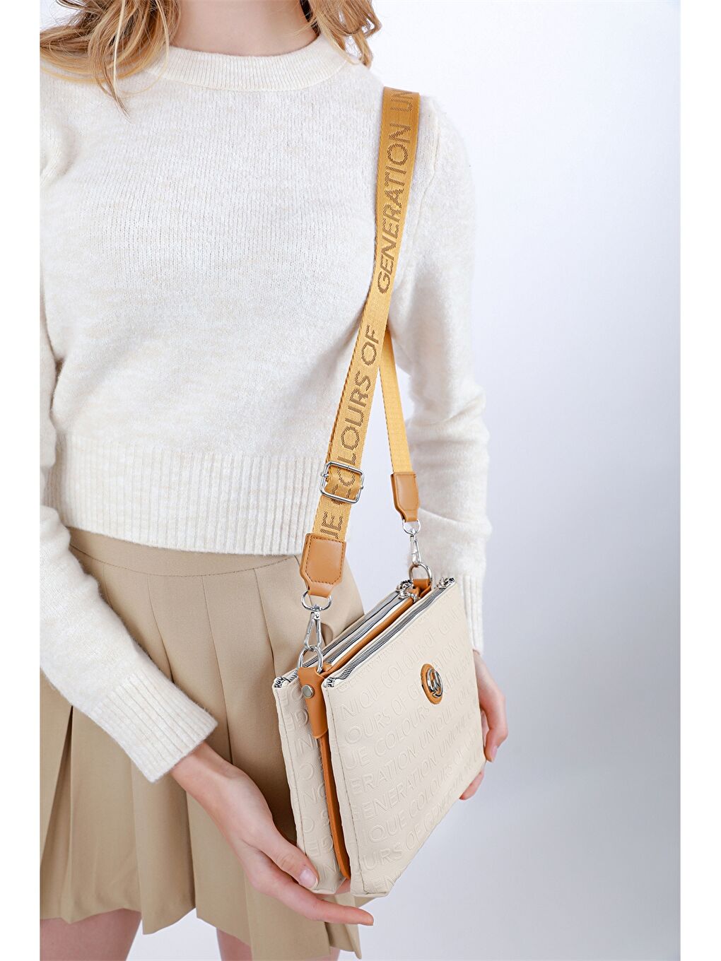 Ekru Baskılı Kadın Omuz Çantası-3