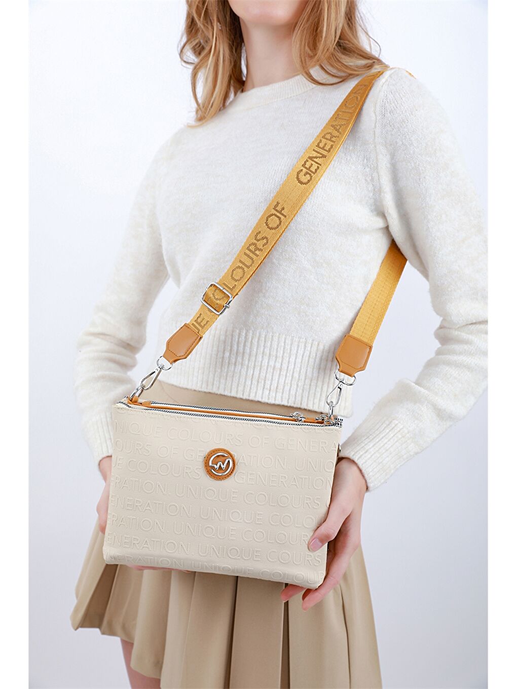 Ekru Baskılı Kadın Omuz Çantası-4