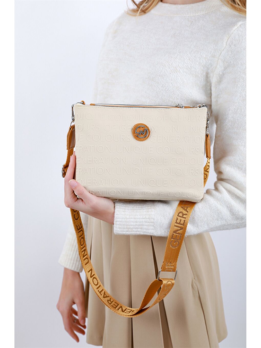 Ekru Baskılı Kadın Omuz Çantası-5