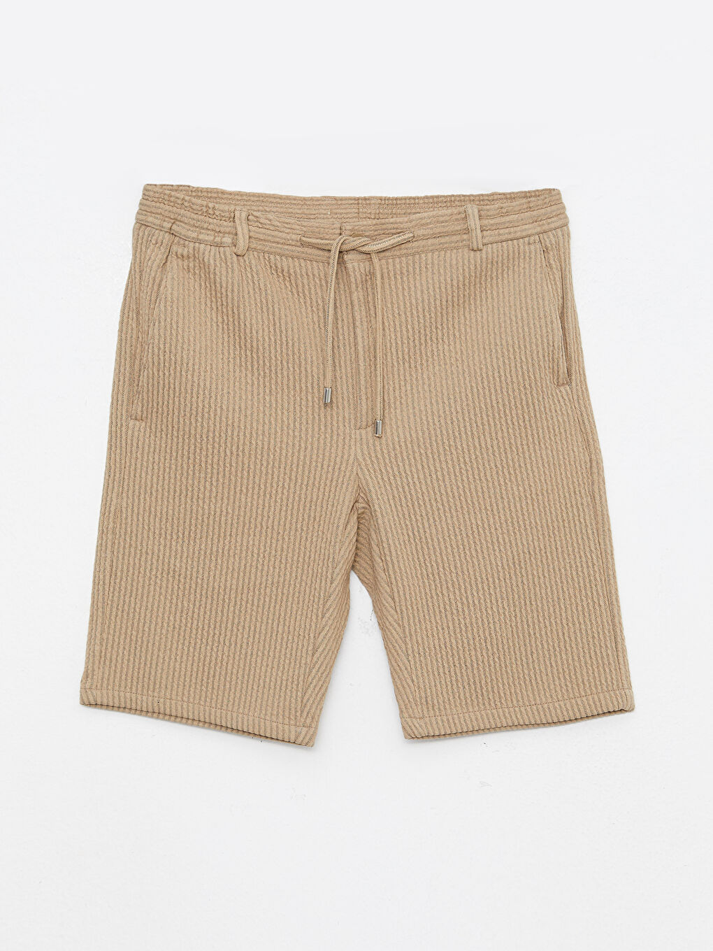 Bej Slim Fit Beli Bağlama Detaylı Erkek Şort-5