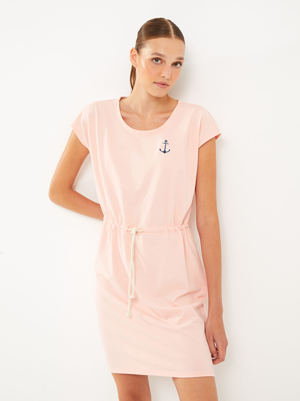 Pembe Bisiklet Yaka Baskılı Kısa Kollu Kadın Elbise