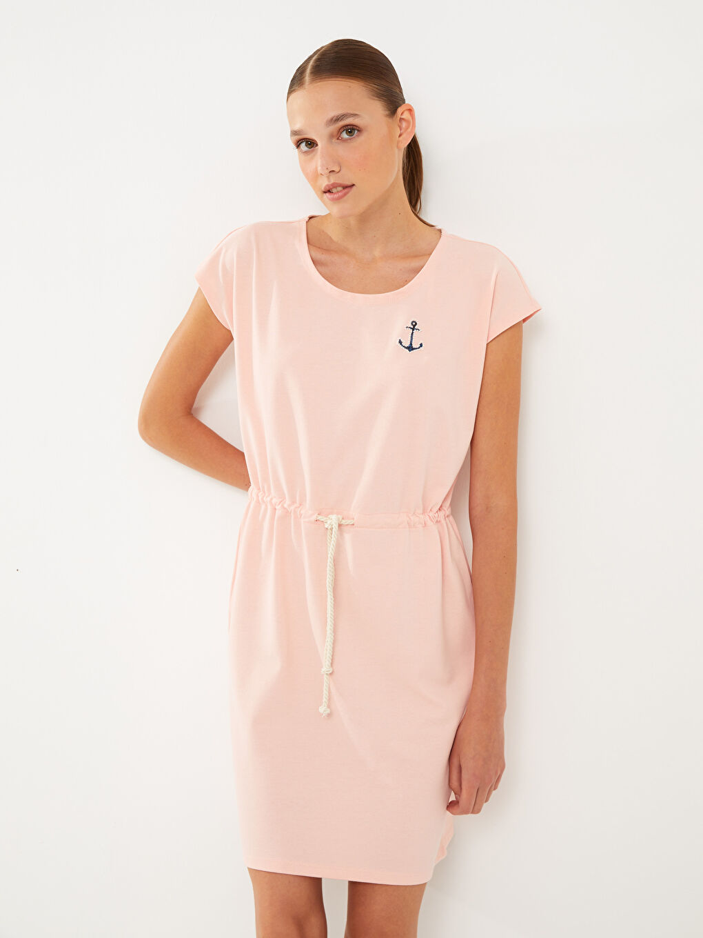 Pembe Bisiklet Yaka Baskılı Kısa Kollu Kadın Elbise-1