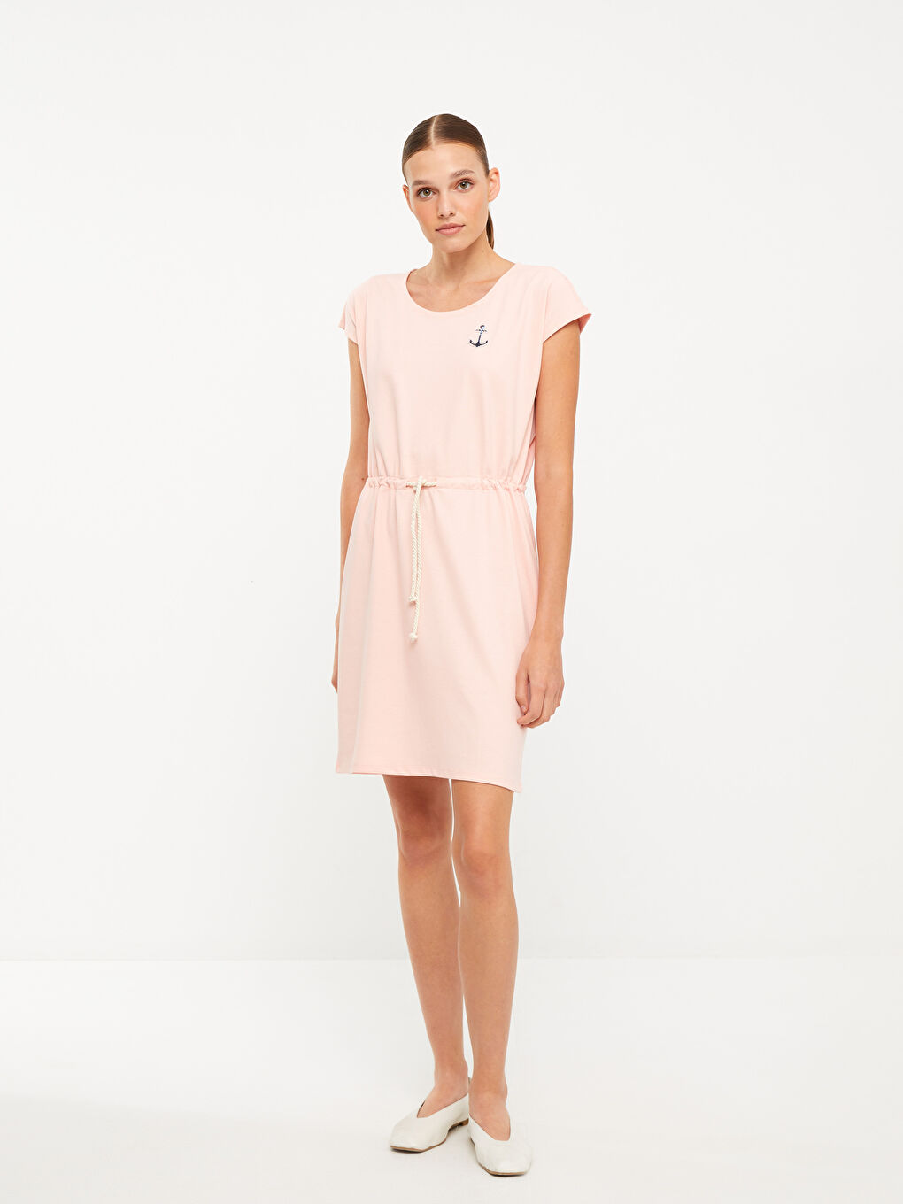 Pembe Bisiklet Yaka Baskılı Kısa Kollu Kadın Elbise-2