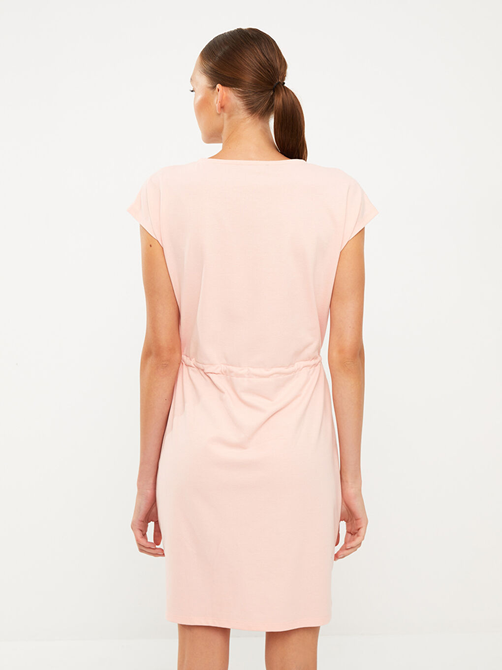 Pembe Bisiklet Yaka Baskılı Kısa Kollu Kadın Elbise-3