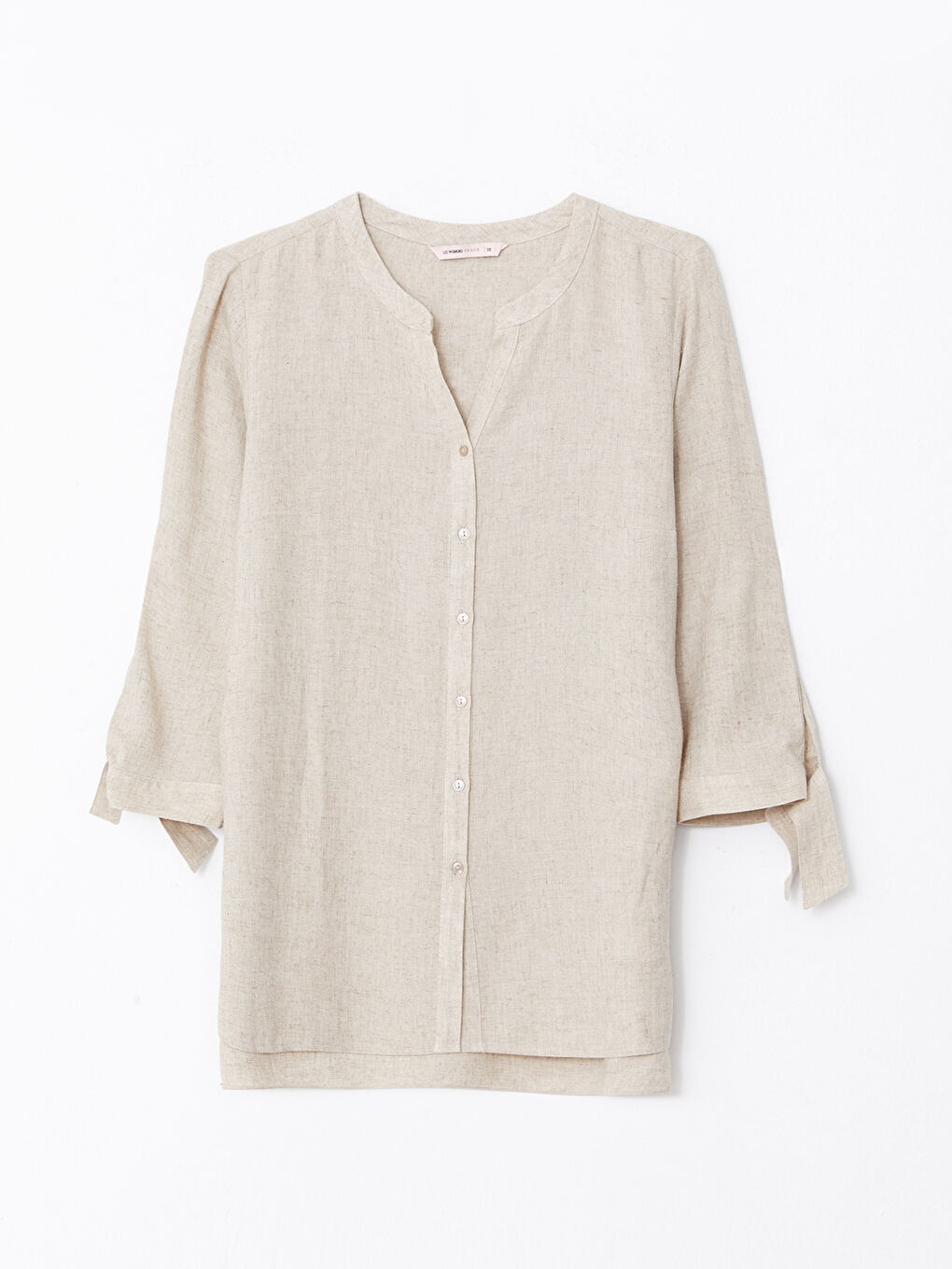 Ekru Kaçık Yaka Düz Uzun Kollu Kadın Gömlek-5