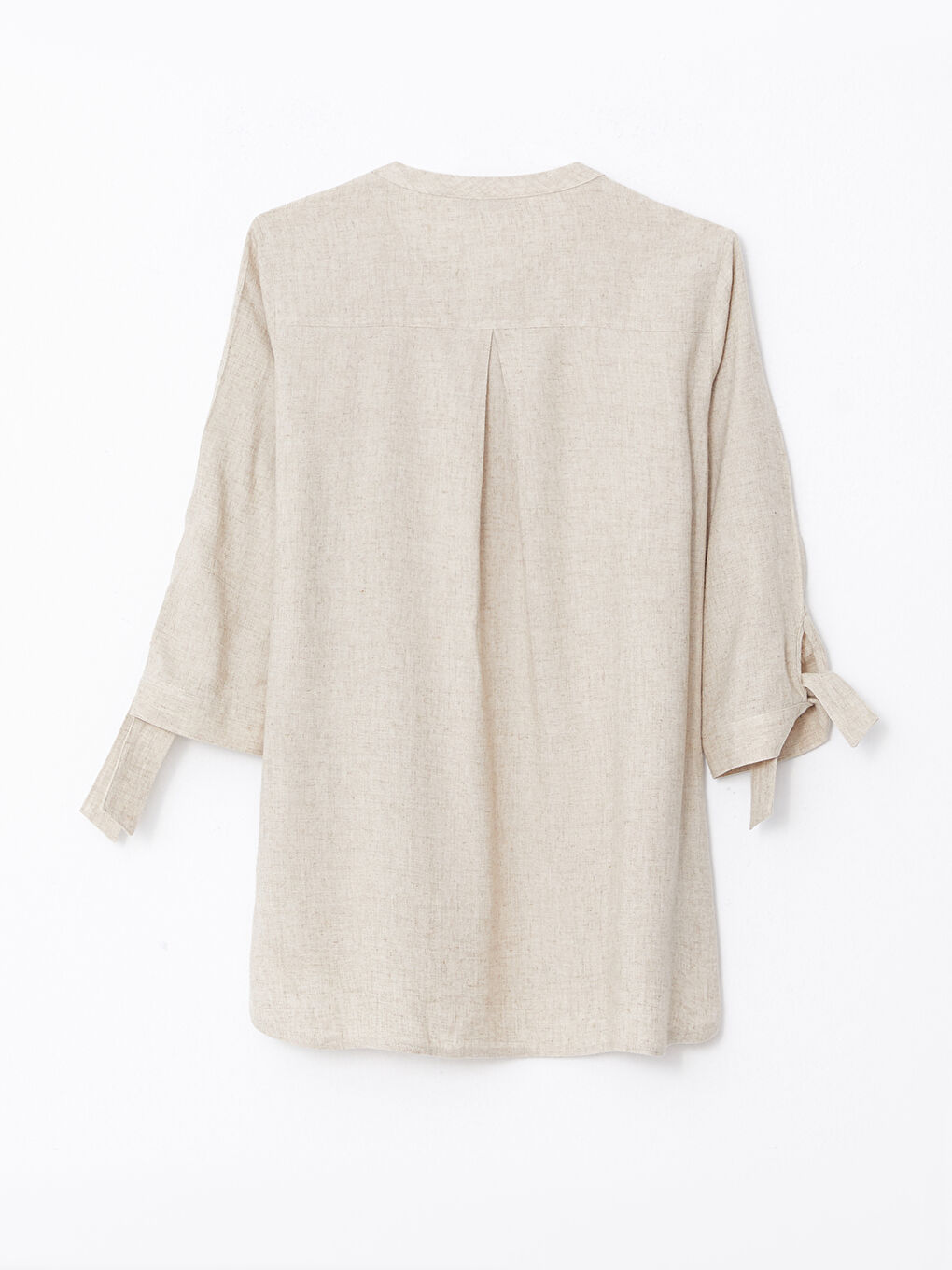 Ekru Kaçık Yaka Düz Uzun Kollu Kadın Gömlek-6