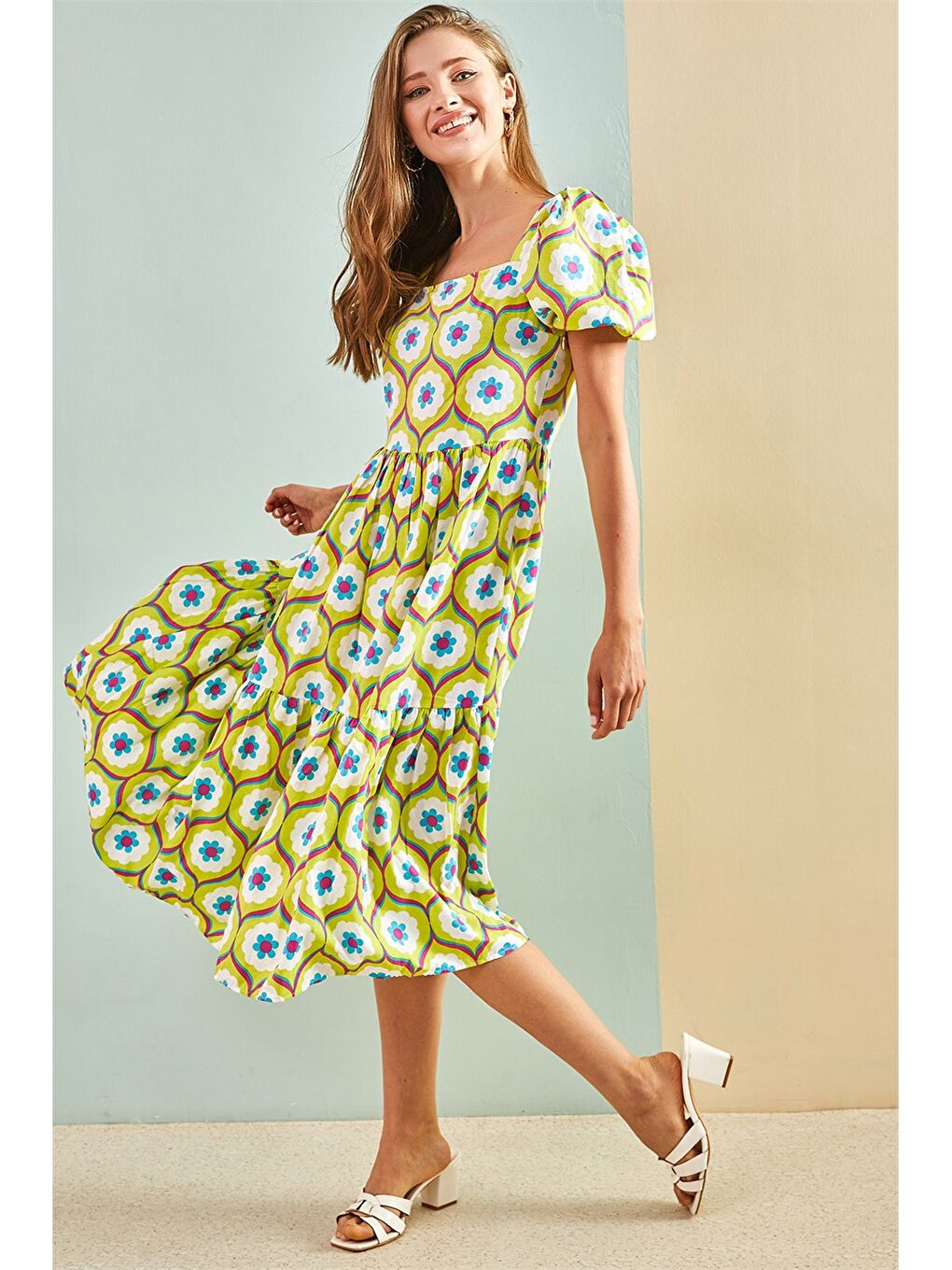 Sarı Kare Yaka Desenli Balon Kollu Kadın Elbise-2