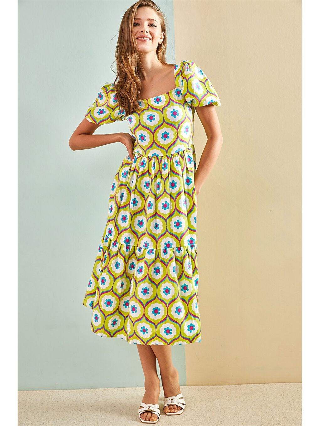 Sarı Kare Yaka Desenli Balon Kollu Kadın Elbise-3