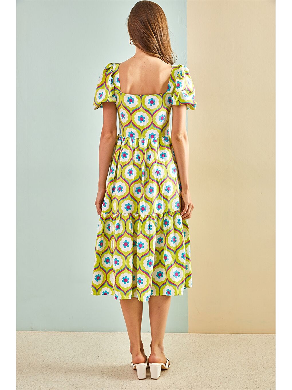 Sarı Kare Yaka Desenli Balon Kollu Kadın Elbise-4