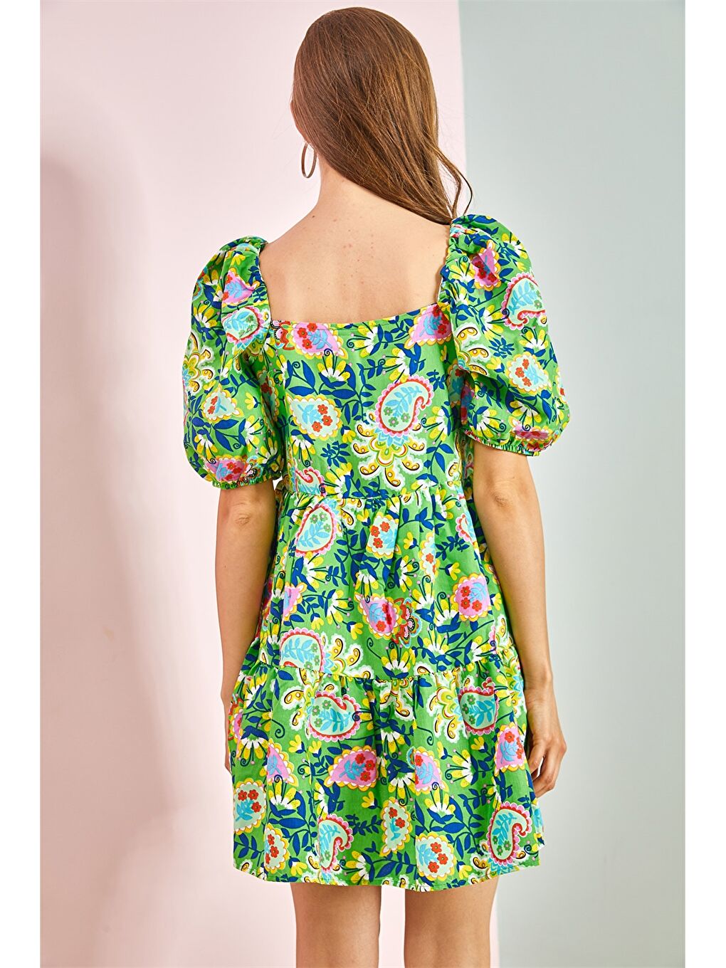 Yeşil Kare Yaka Desenli Balon Kollu Viskon Kadın Elbise-2