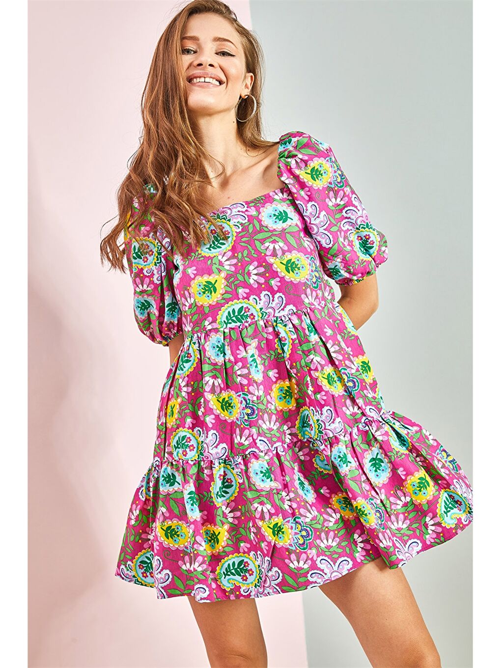 Lila Kare Yaka Desenli Balon Kollu Viskon Kadın Elbise