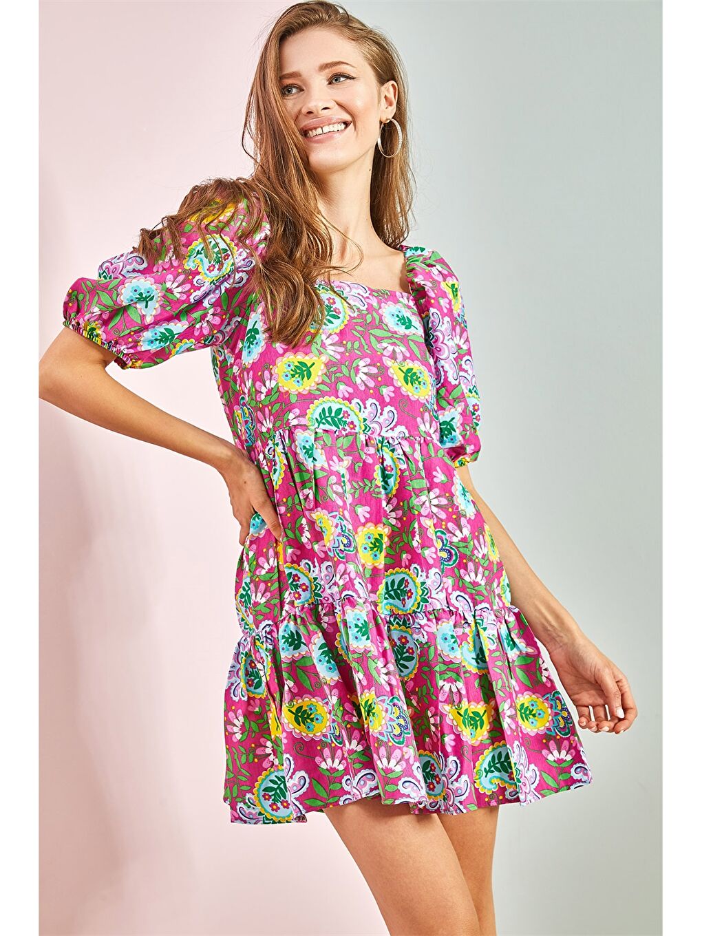 Lila Kare Yaka Desenli Balon Kollu Viskon Kadın Elbise-1