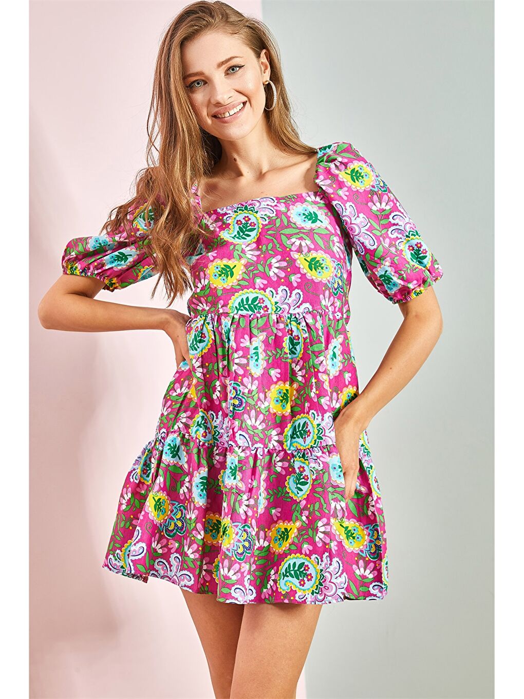 Lila Kare Yaka Desenli Balon Kollu Viskon Kadın Elbise-2