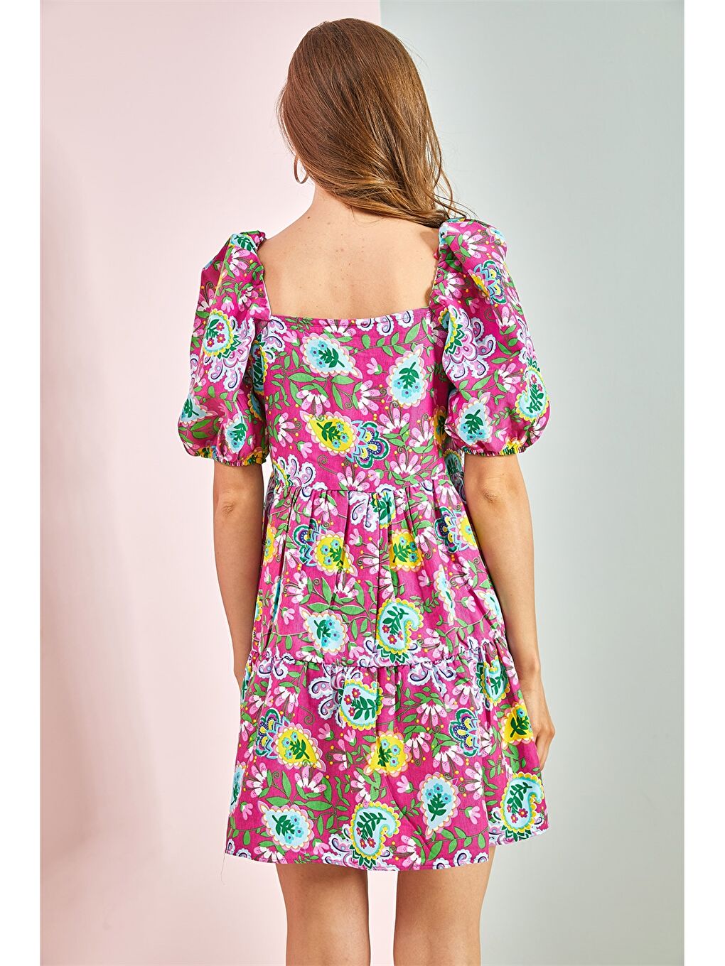 Lila Kare Yaka Desenli Balon Kollu Viskon Kadın Elbise-3