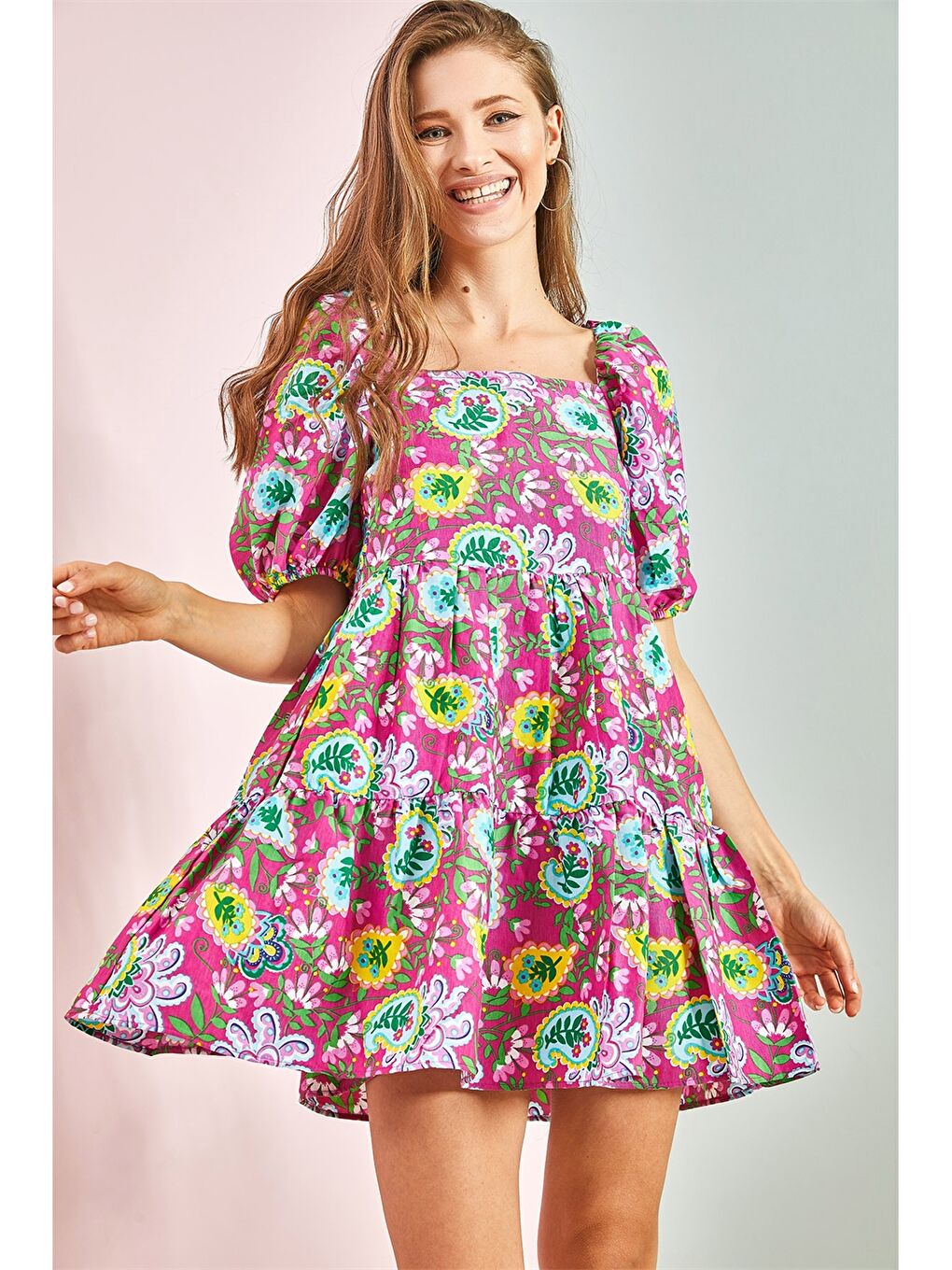 Lila Kare Yaka Desenli Balon Kollu Viskon Kadın Elbise-4