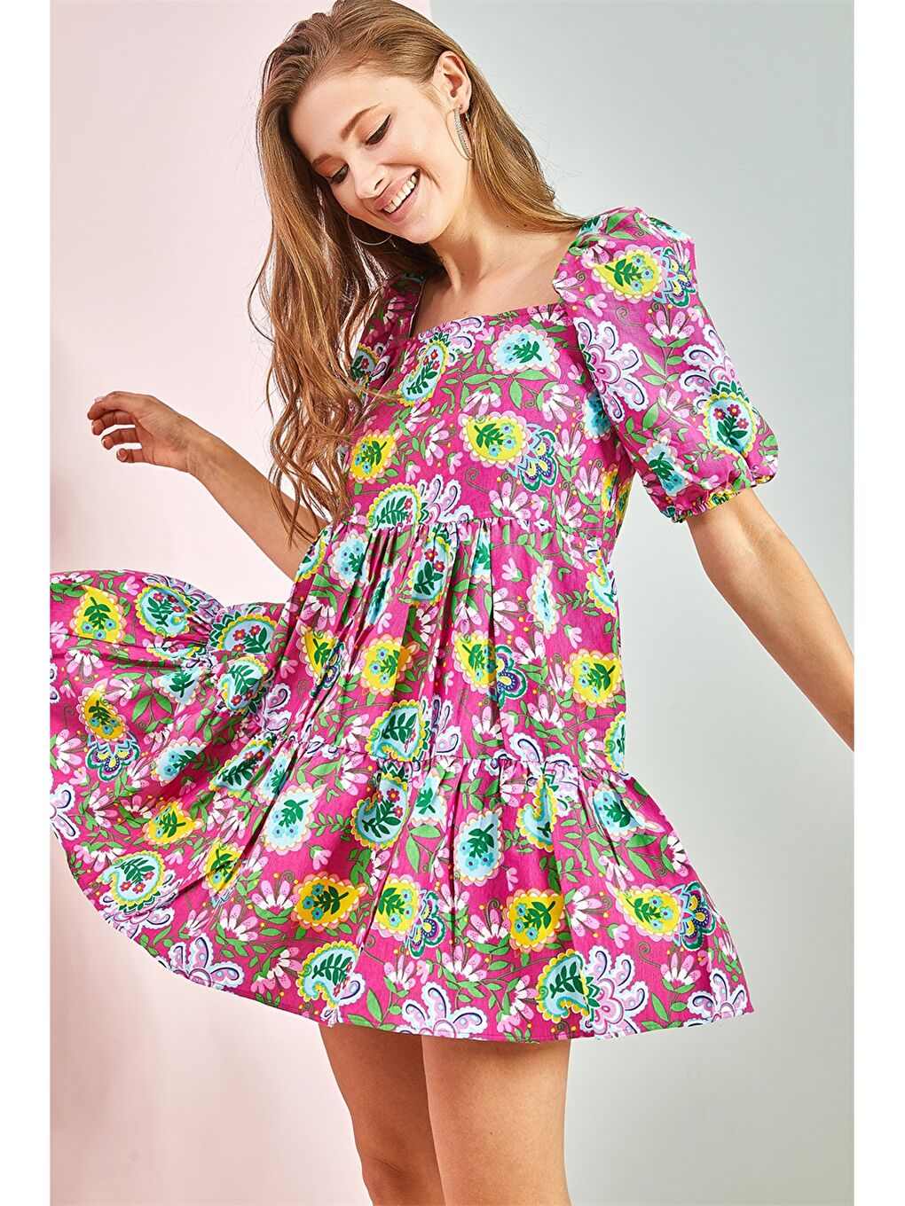 Lila Kare Yaka Desenli Balon Kollu Viskon Kadın Elbise-5