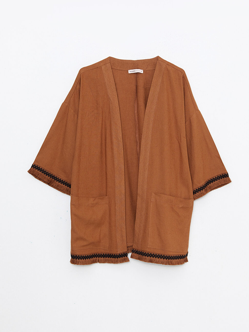 Kahverengi Şal Yaka Nakışlı Kadın Kimono-5