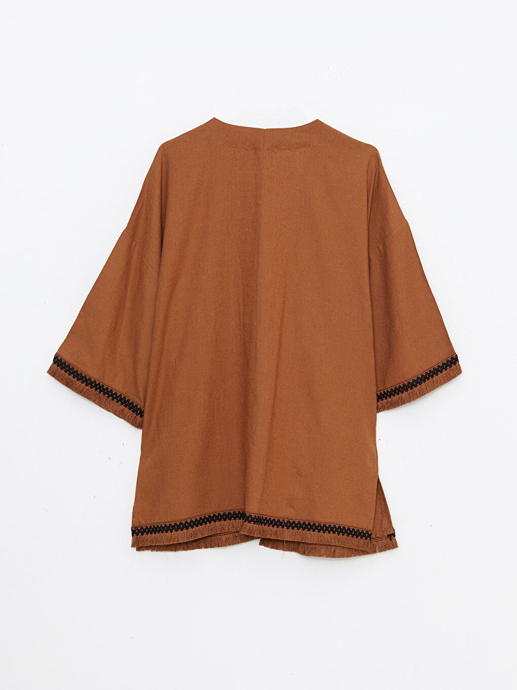 Kahverengi Şal Yaka Nakışlı Kadın Kimono-6