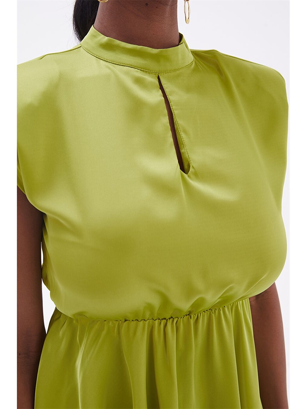 Yeşil Kadın Dik Yaka Düz Kolsuz Bluz-6