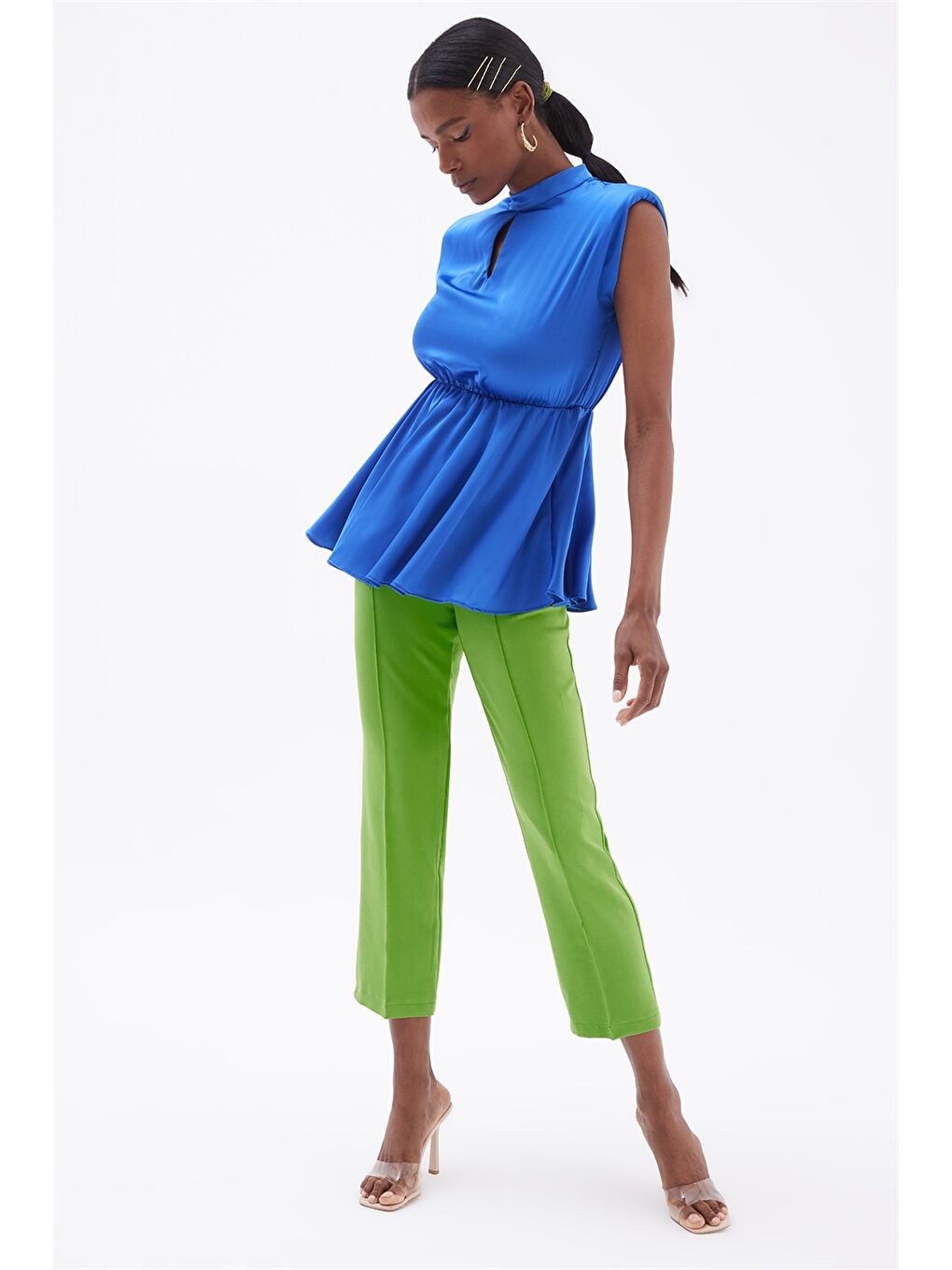 Turuncu Kadın Dik Yaka Düz Kolsuz Bluz-3