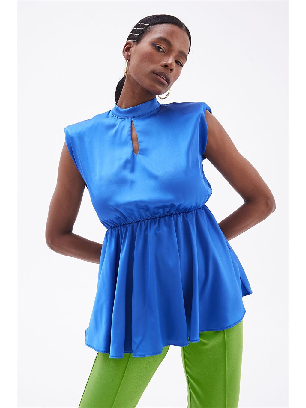 Turuncu Kadın Dik Yaka Düz Kolsuz Bluz-4