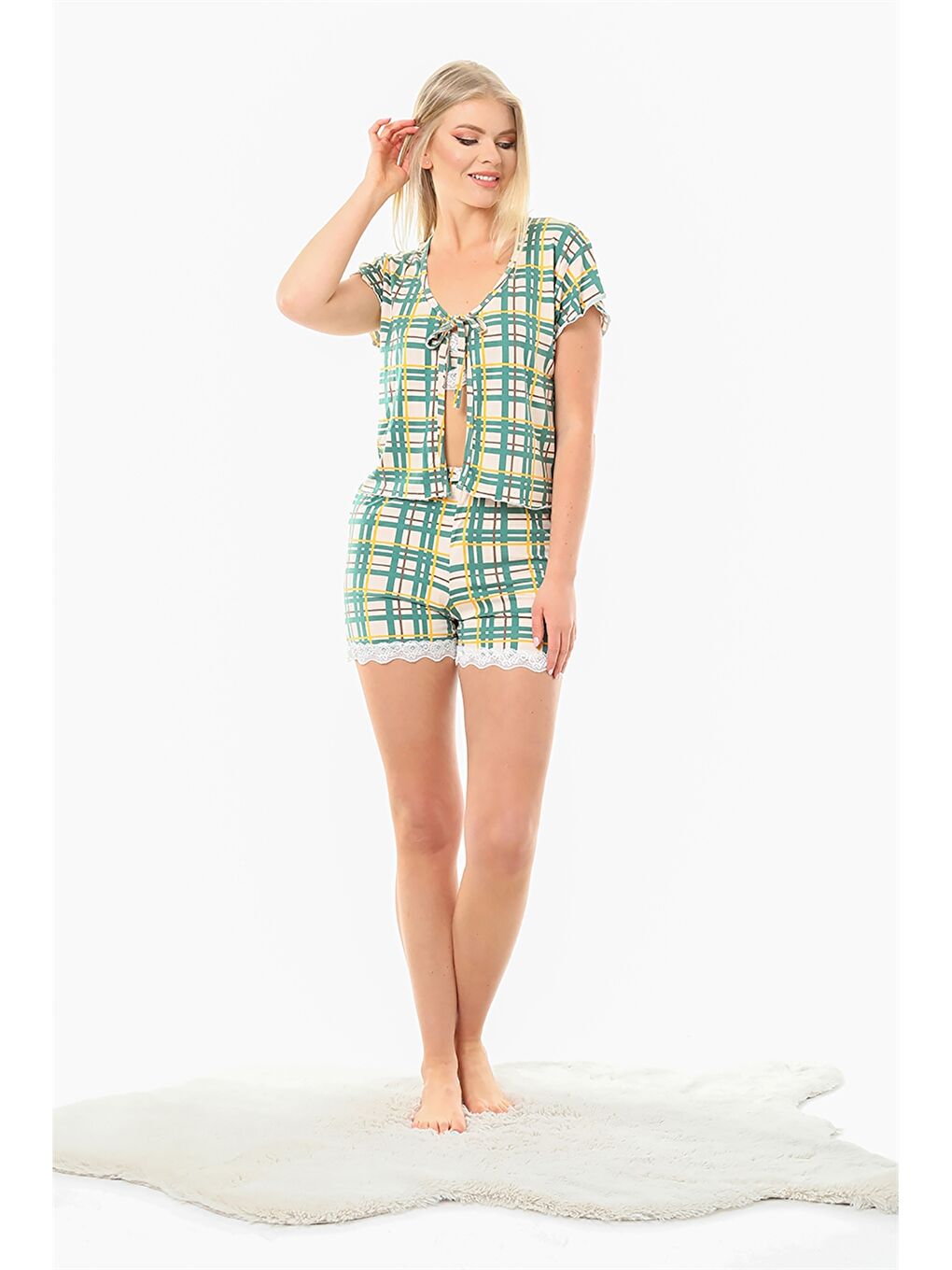 Yeşil Ekose Dantelli Kadın Pijama Takımı