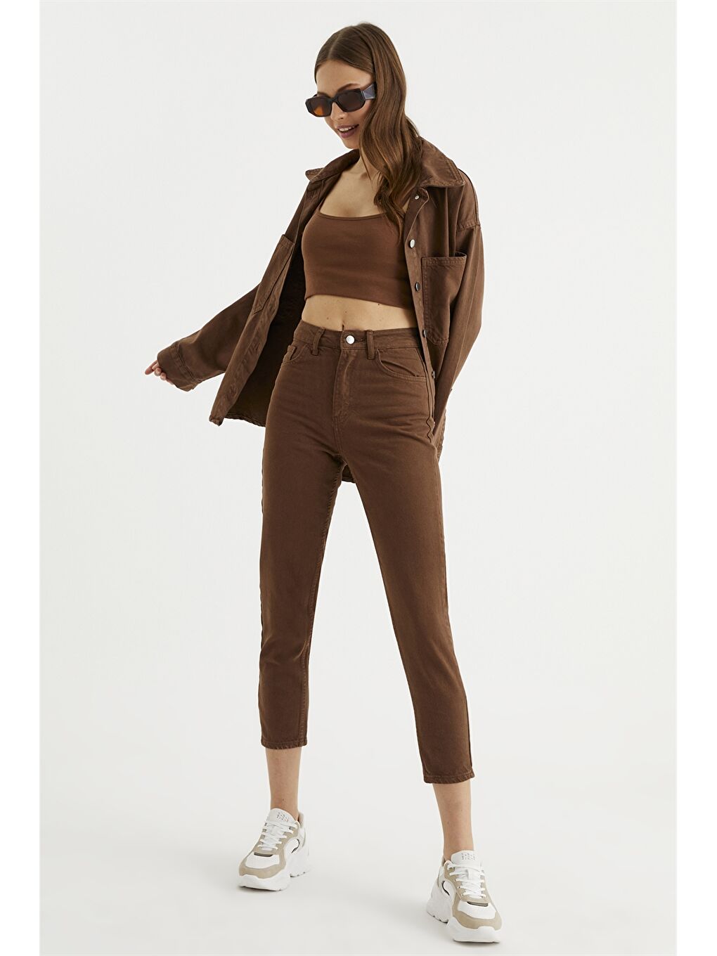 Kahverengi Kadın Mom Fit Düz Jean Pantolon