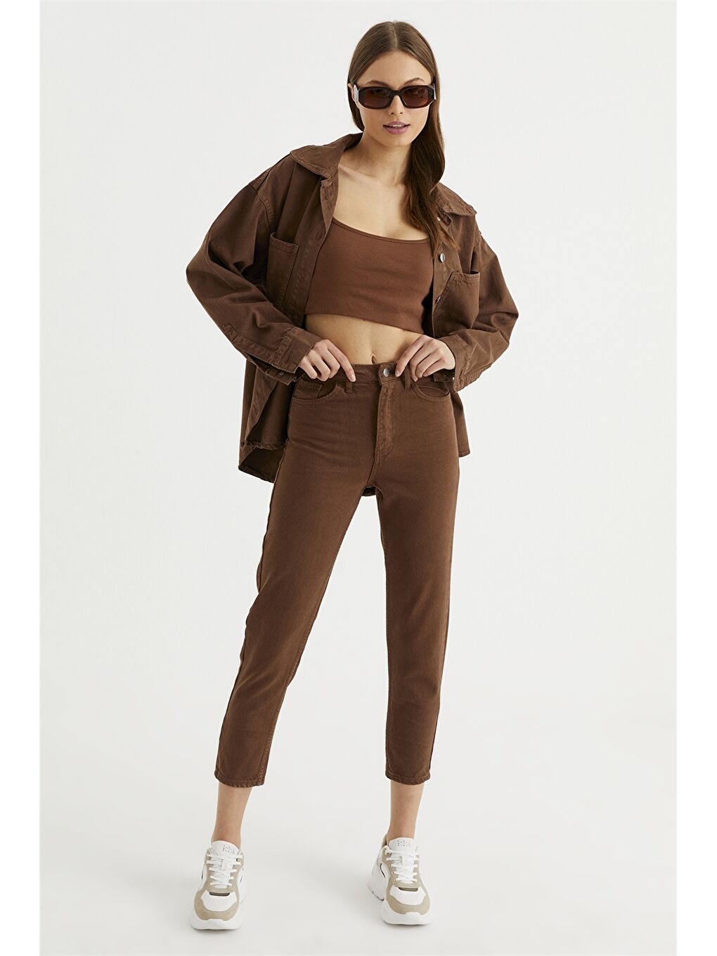 Kahverengi Kadın Mom Fit Düz Jean Pantolon-1