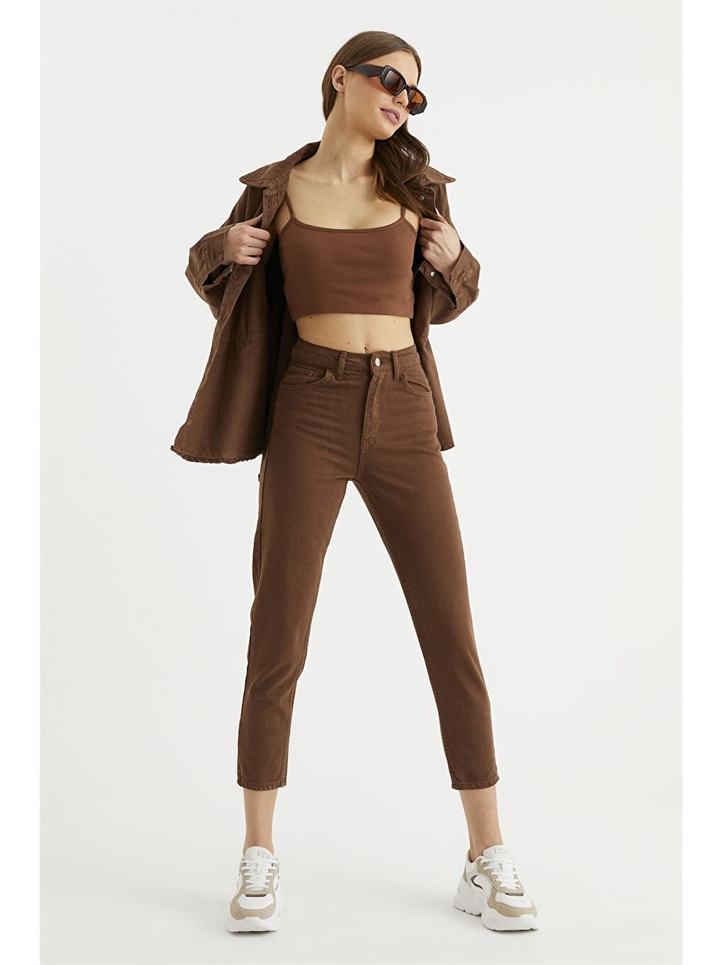 Kahverengi Kadın Mom Fit Düz Jean Pantolon-2