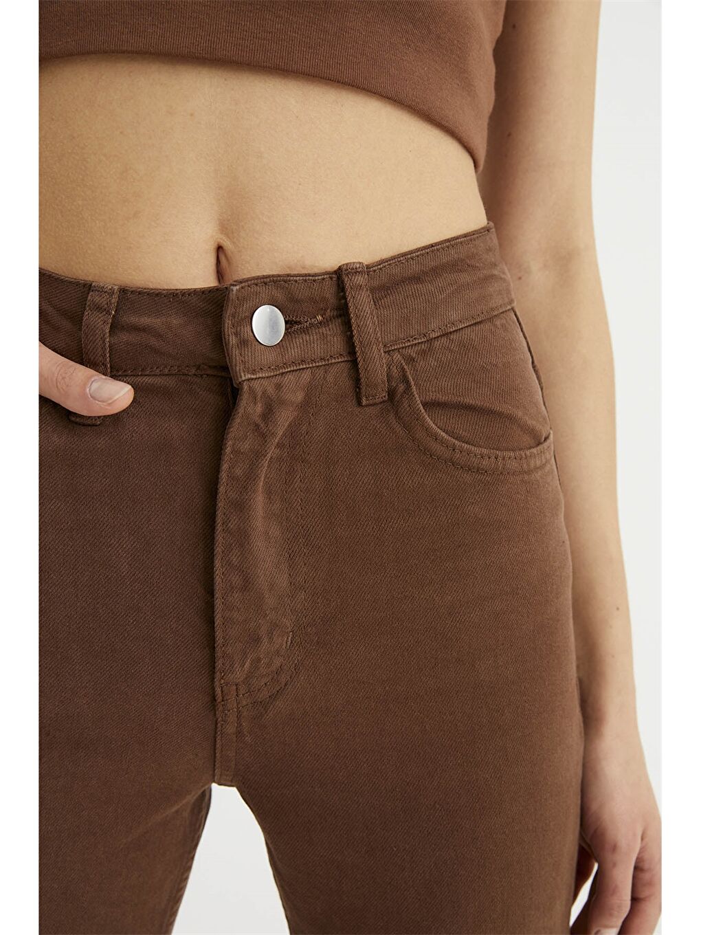 Kahverengi Kadın Mom Fit Düz Jean Pantolon-3