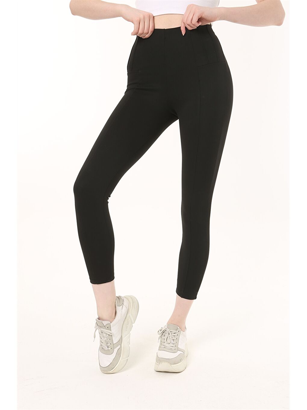 Siyah Beli Lastikli Düz Dikiş Detaylı Kadın Tayt