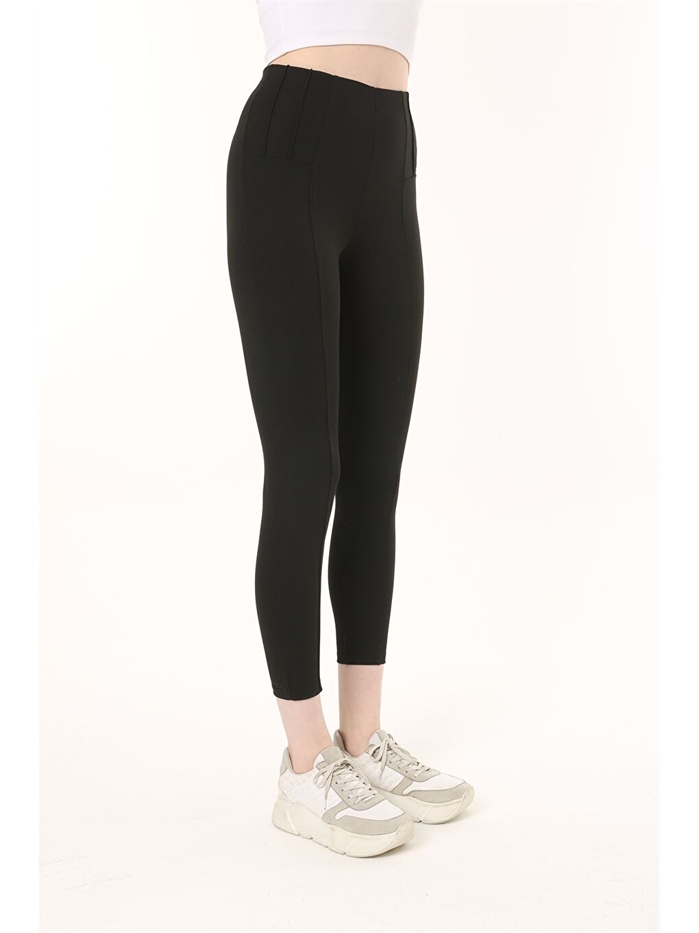 Siyah Beli Lastikli Düz Dikiş Detaylı Kadın Tayt-1