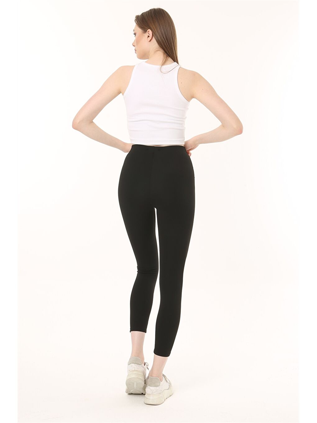 Siyah Beli Lastikli Düz Dikiş Detaylı Kadın Tayt-3