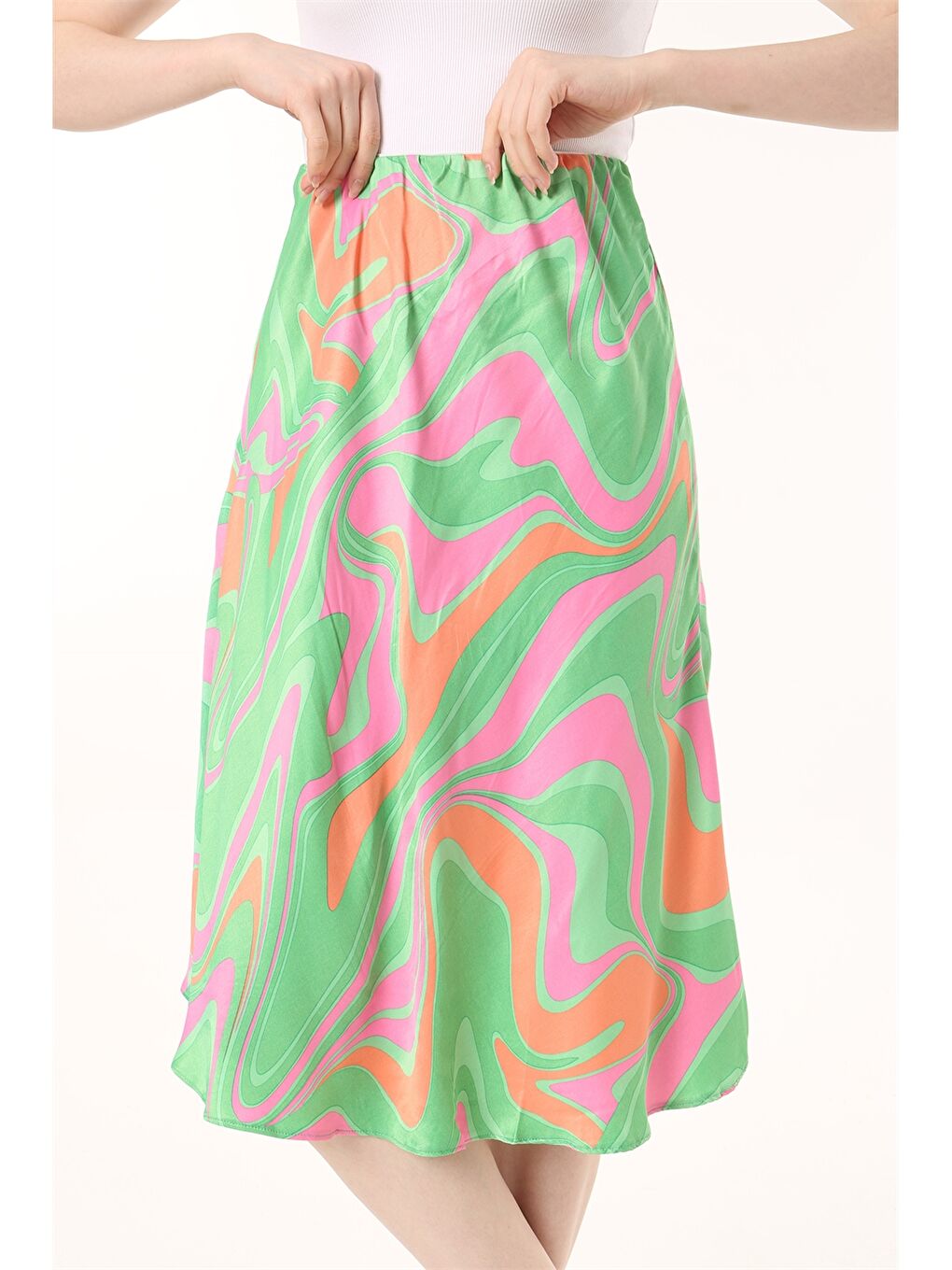 Yeşil Desenli Saten Kadın Etek-1