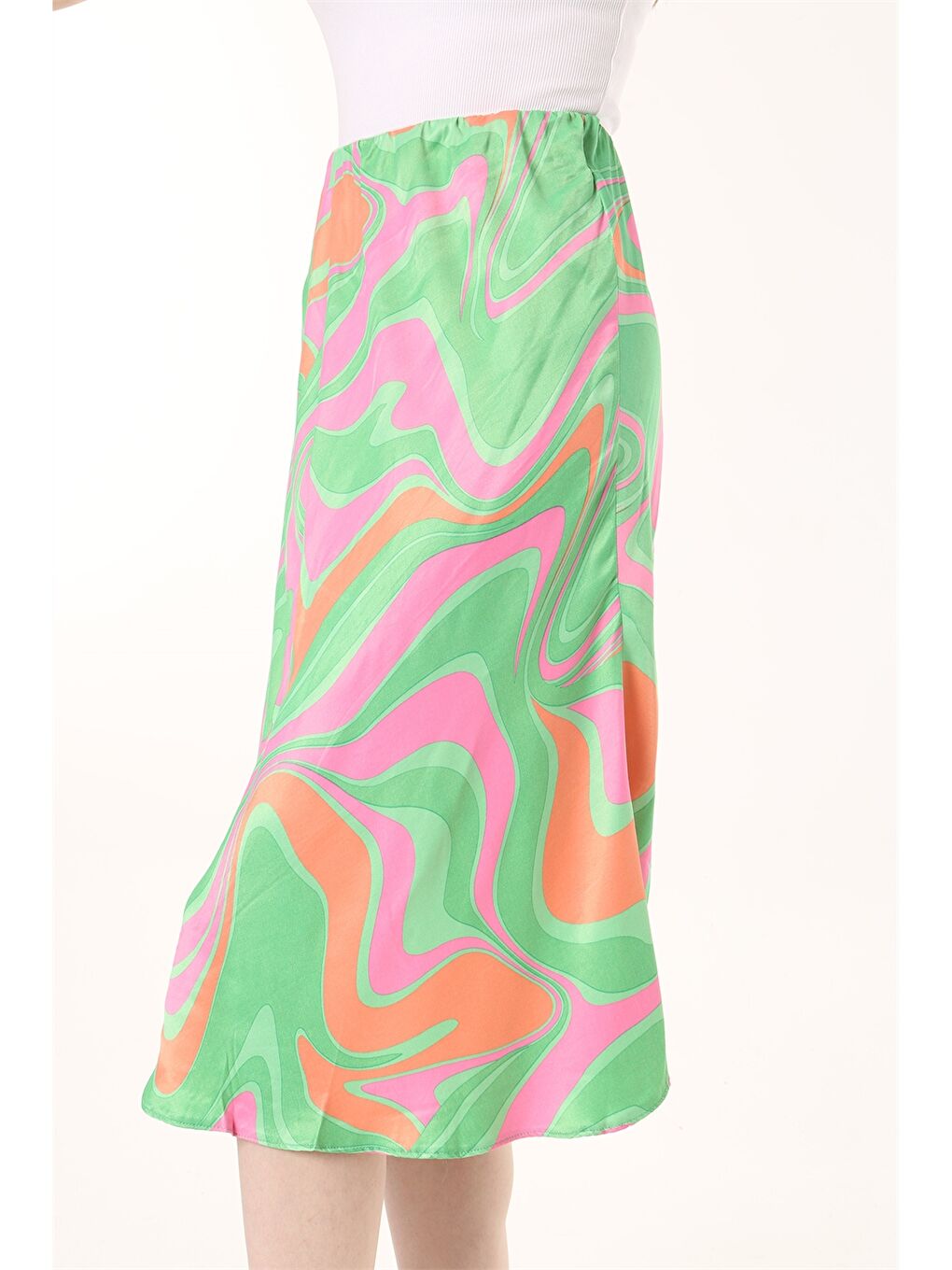 Yeşil Desenli Saten Kadın Etek-2