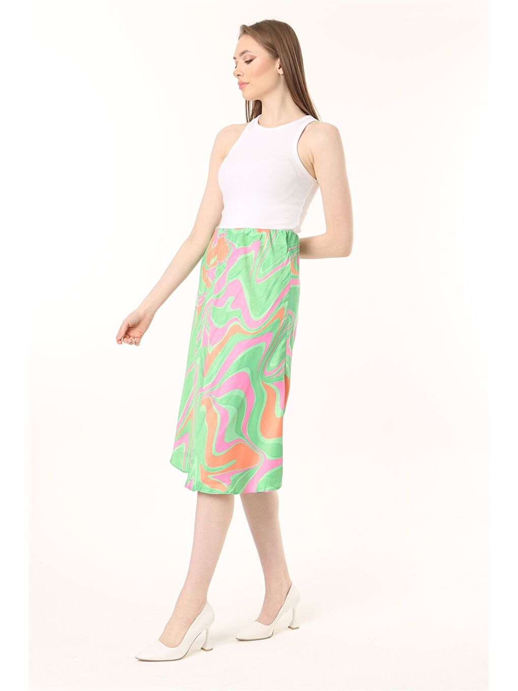 Yeşil Desenli Saten Kadın Etek-3