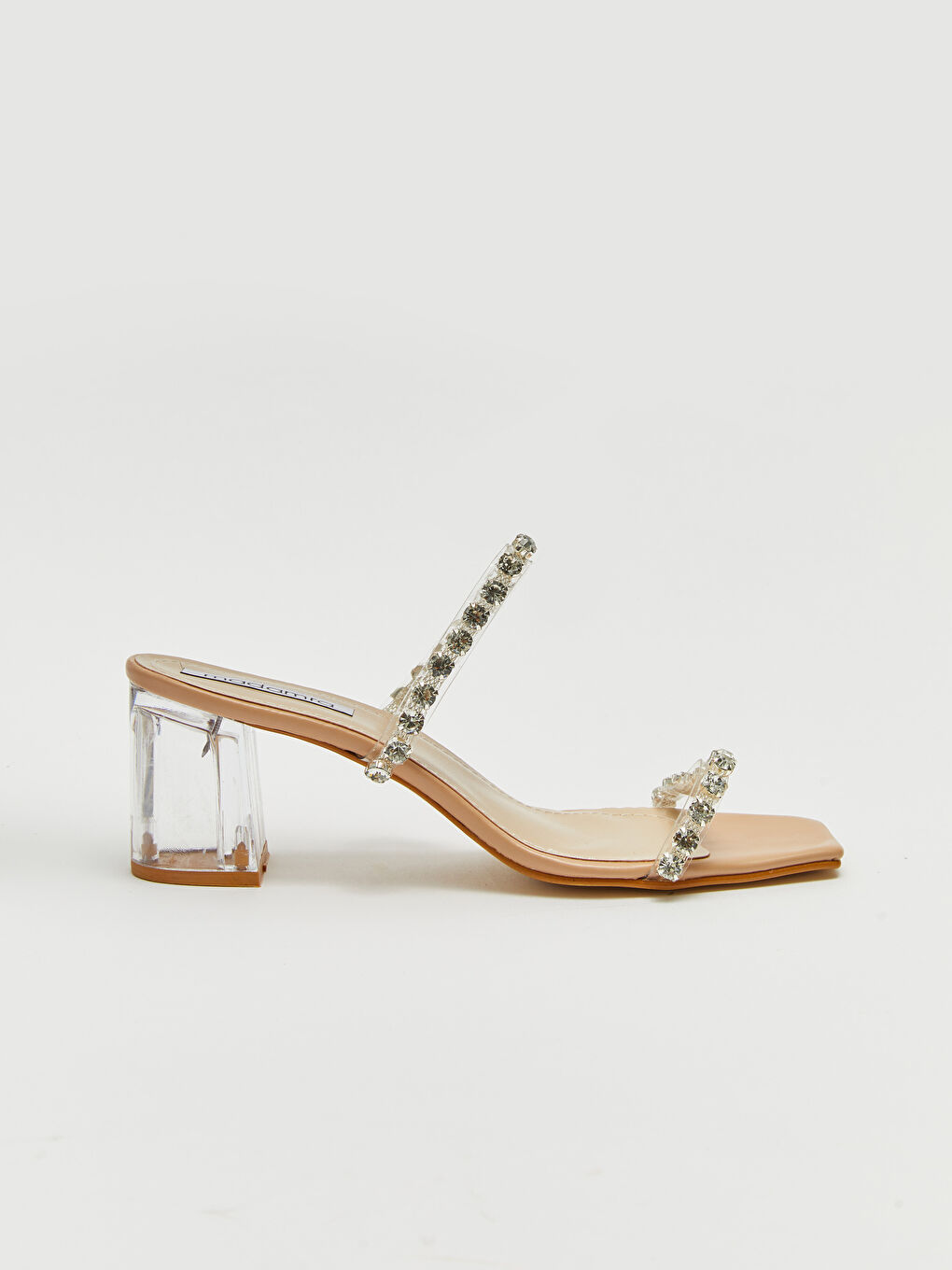 Bej Şeffaf Bantlı Taş Detaylı Kadın Topuklu Terlik-1