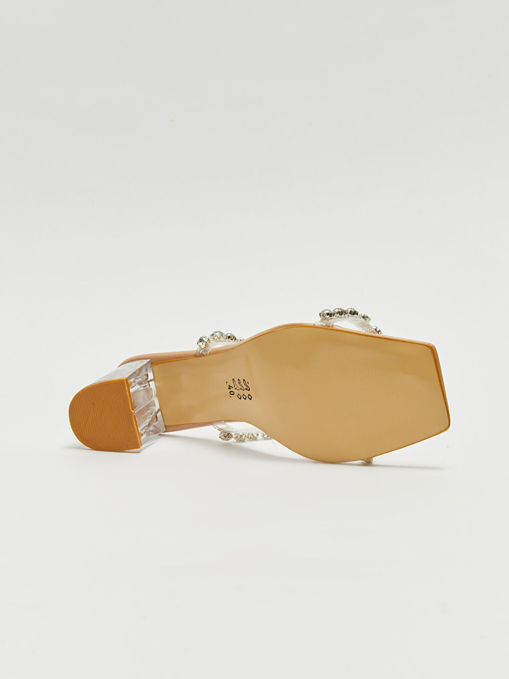 Bej Şeffaf Bantlı Taş Detaylı Kadın Topuklu Terlik-2