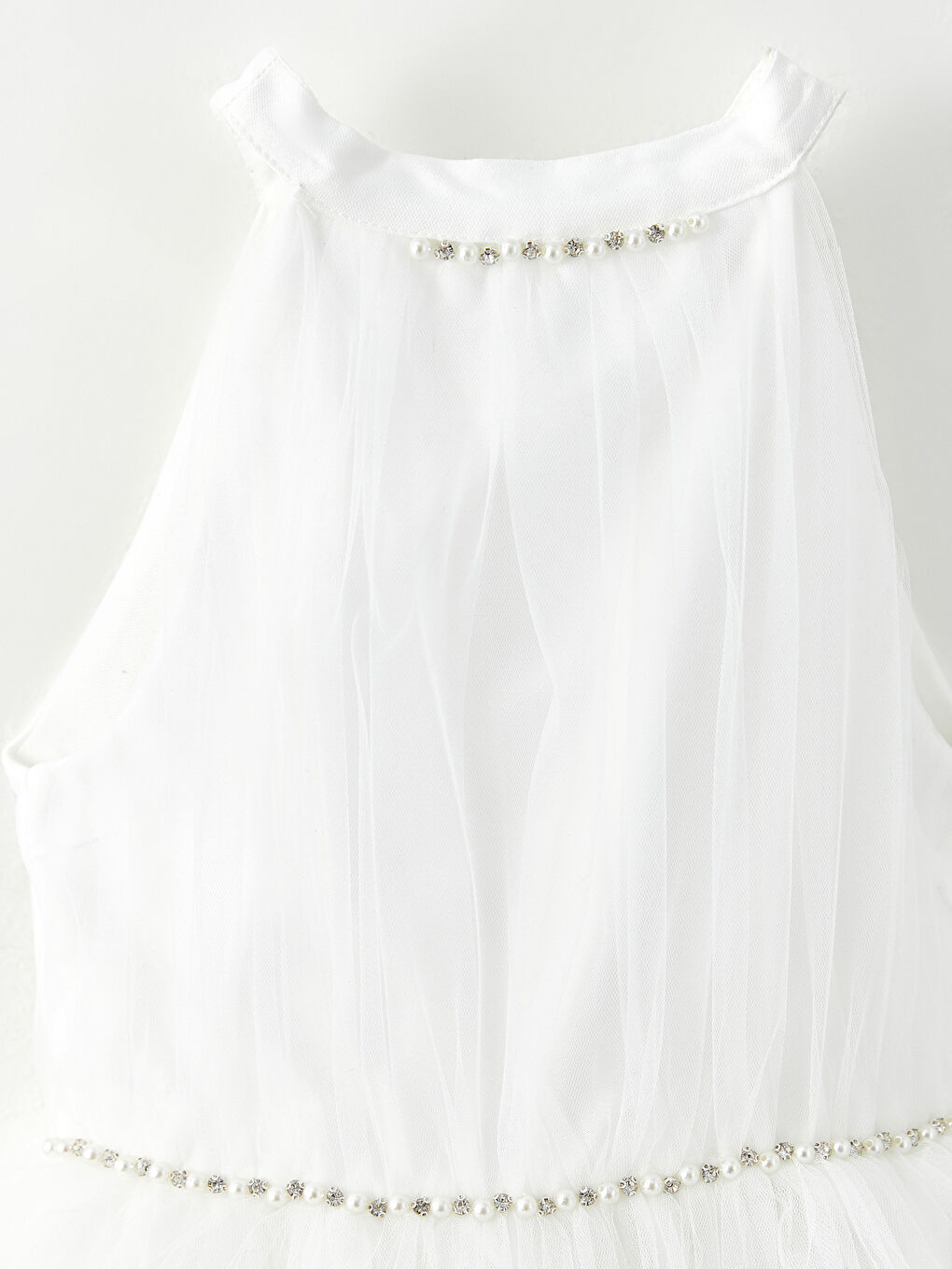 Beyaz Halter Yaka Aplikeli Taş Detaylı Kız Çocuk Elbise-2