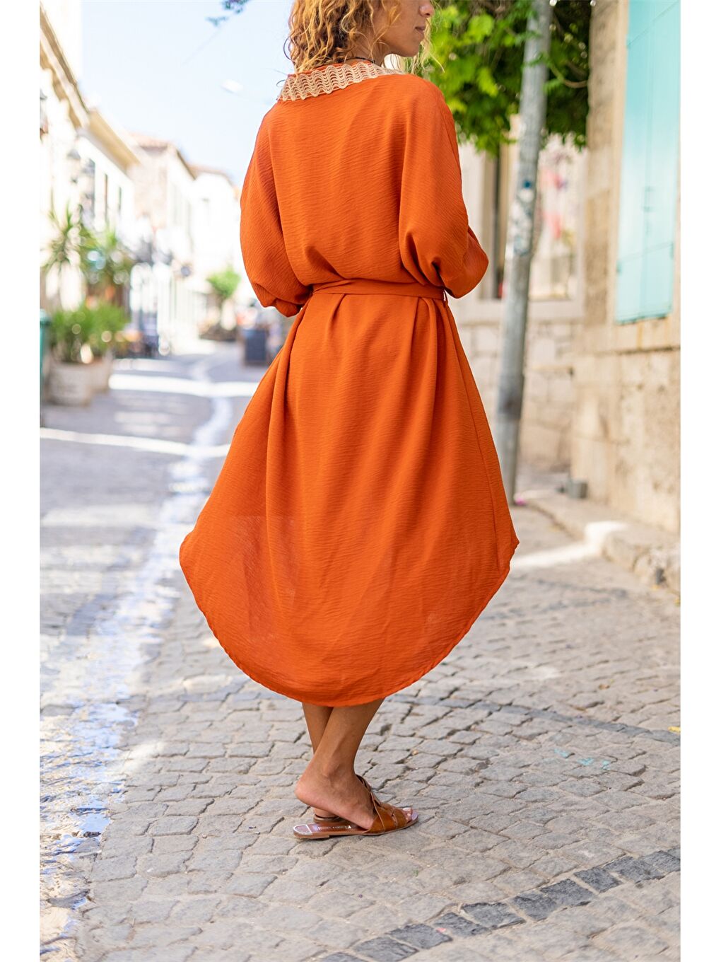 Turuncu Şal Yaka Desenli Uzun Kollu Kadın Kimono-1