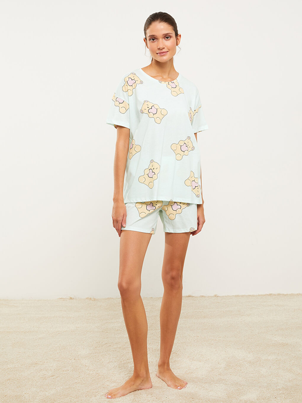 Yeşil Bisiklet Yaka Baskılı Kısa Kollu Pamuklu Kadın Pijama Takımı-1