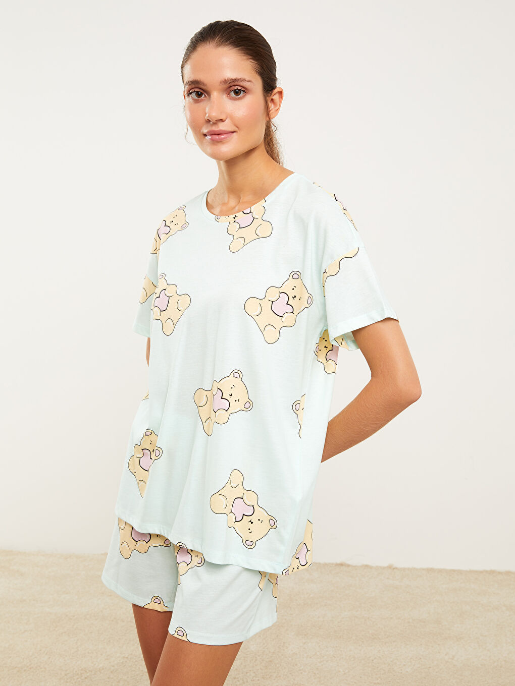 Yeşil Bisiklet Yaka Baskılı Kısa Kollu Pamuklu Kadın Pijama Takımı-2