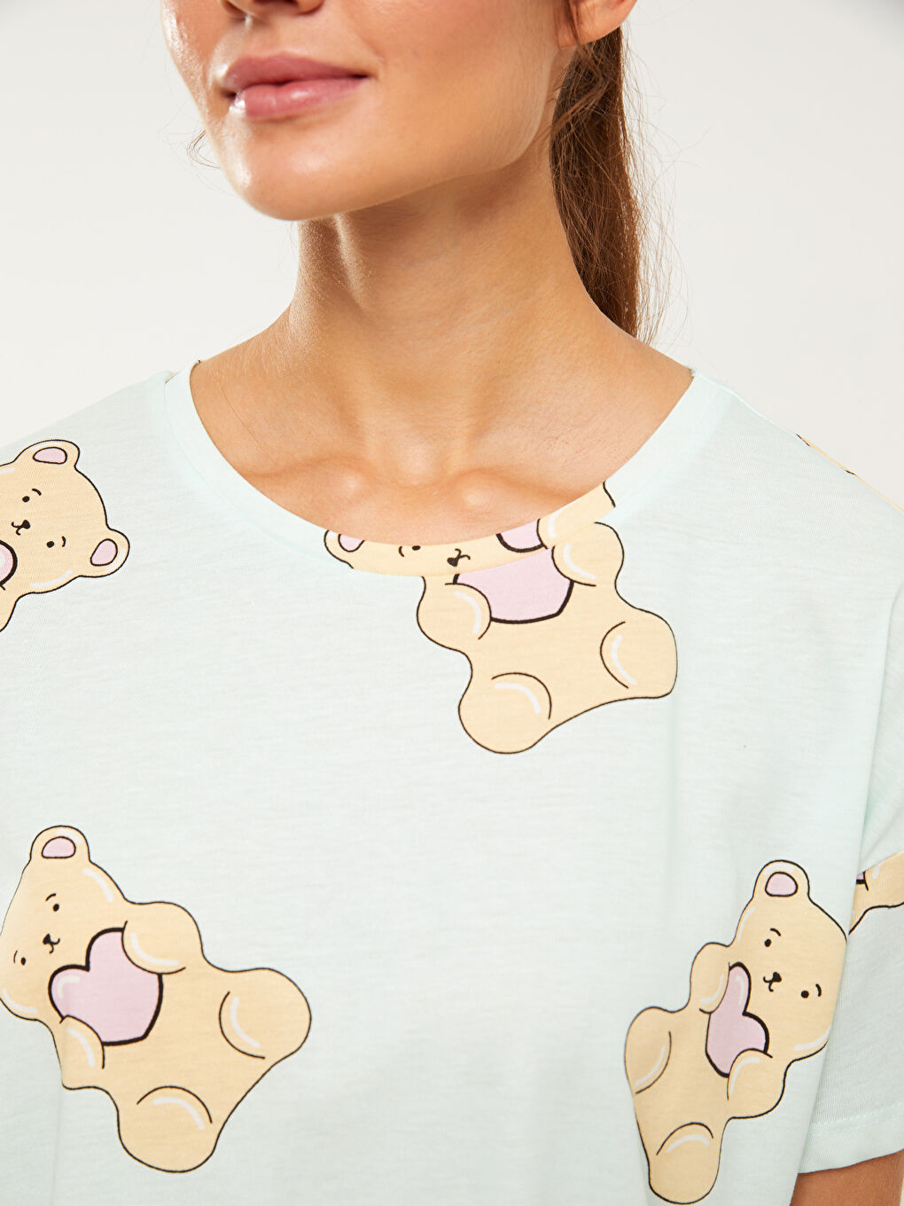 Yeşil Bisiklet Yaka Baskılı Kısa Kollu Pamuklu Kadın Pijama Takımı-3