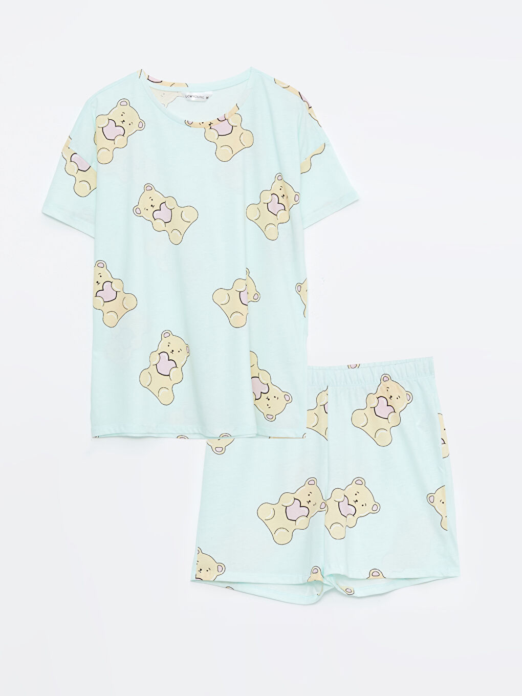 Yeşil Bisiklet Yaka Baskılı Kısa Kollu Pamuklu Kadın Pijama Takımı-5