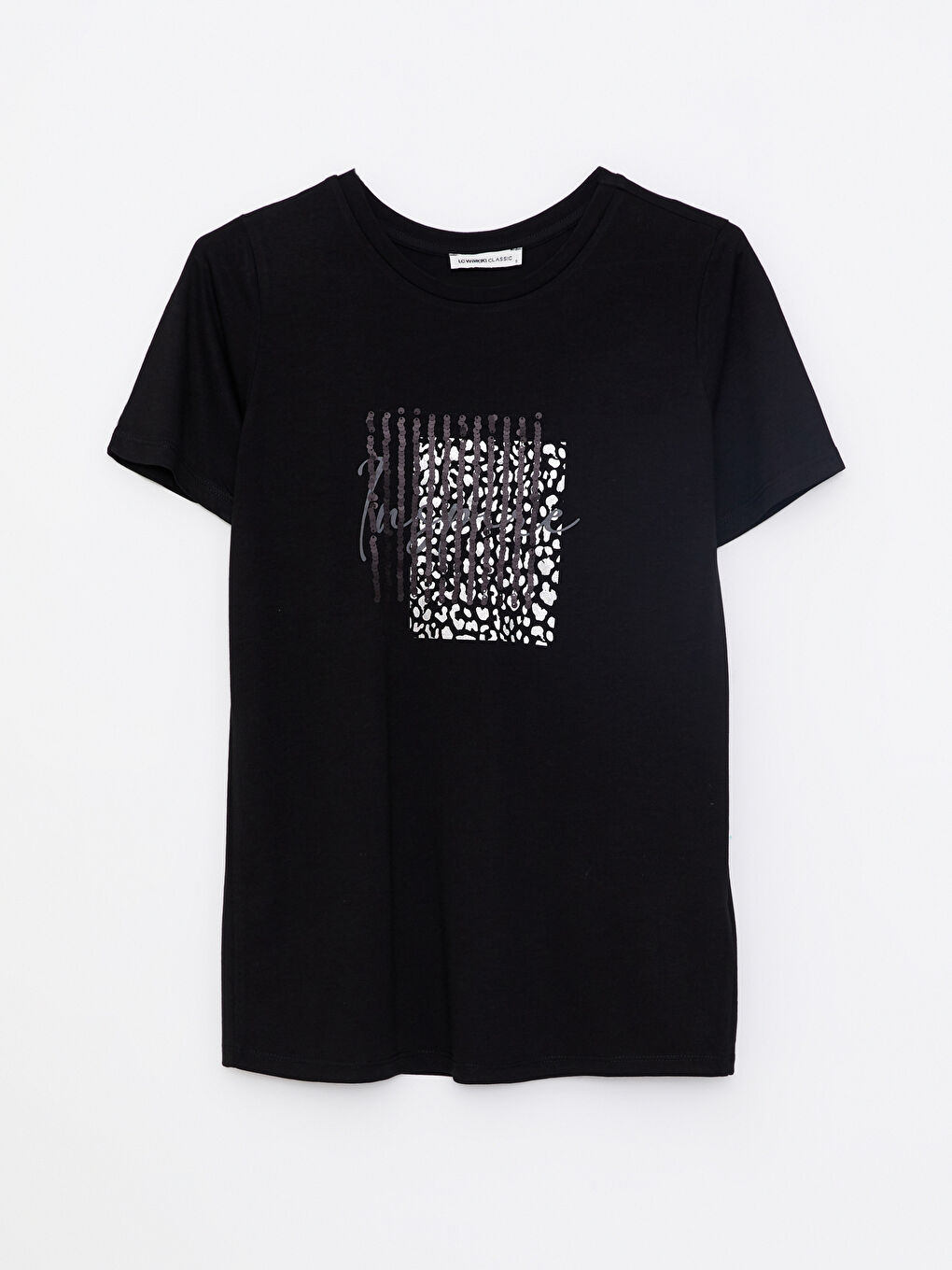 Siyah Bisiklet Yaka Baskılı Kısa Kollu Kadın Tişört-5