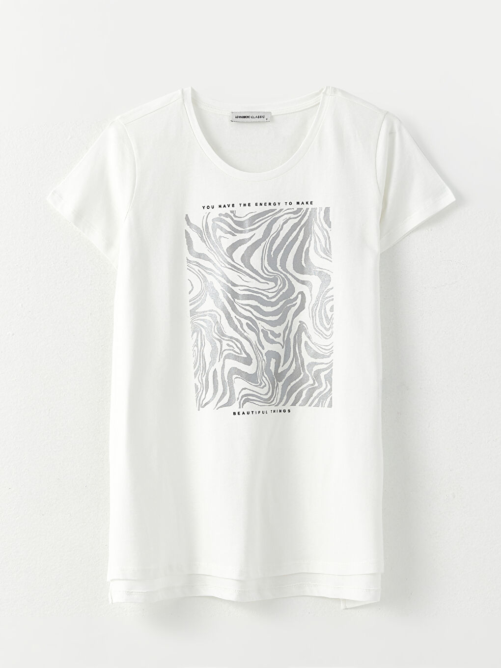 Ekru Bisiklet Yaka Desenli Kısa Kollu Pamuklu Kadın Tişört-5