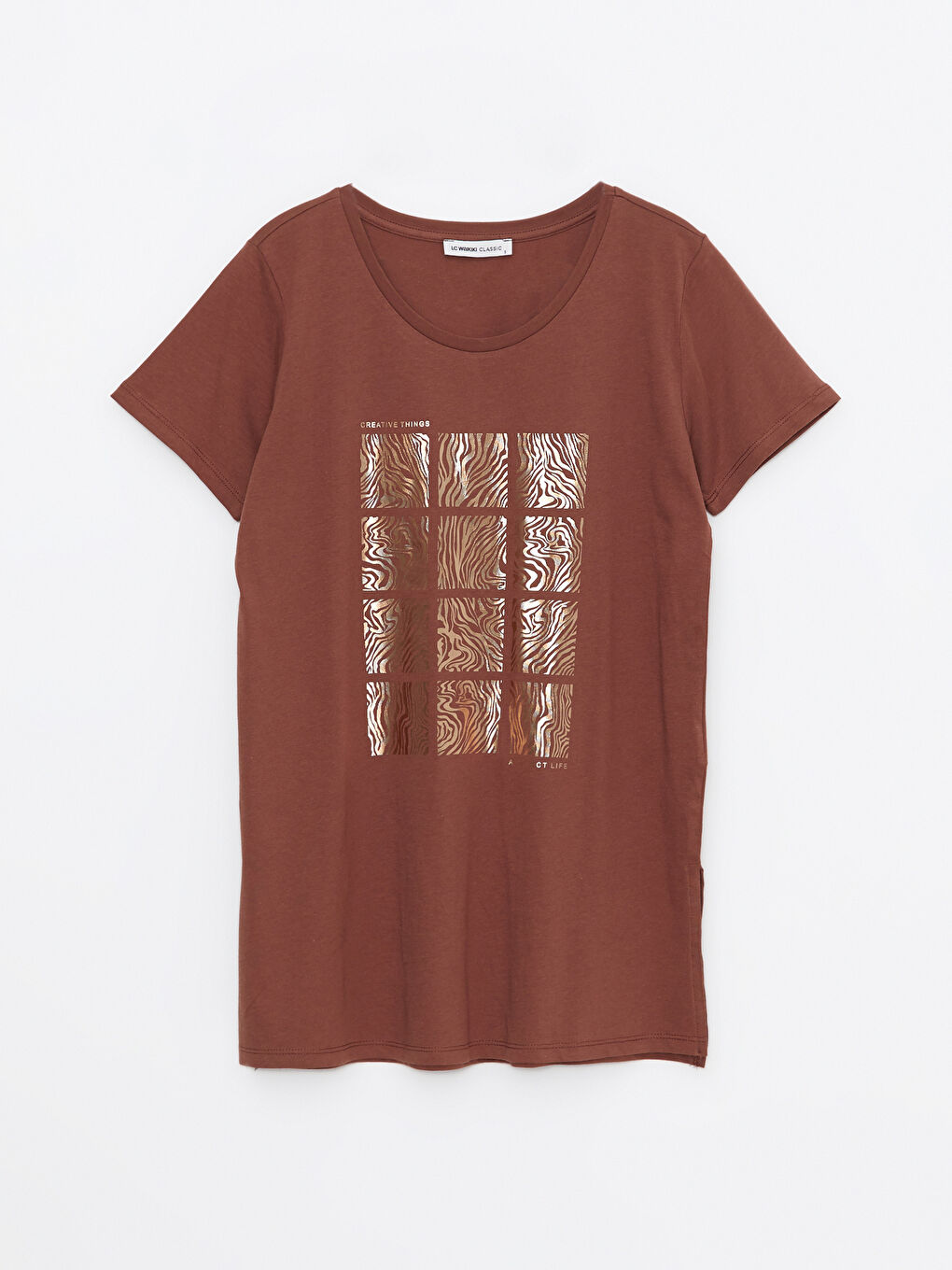Kahverengi Bisiklet Yaka Baskılı Kısa Kollu Pamuklu Kadın Tişört-5