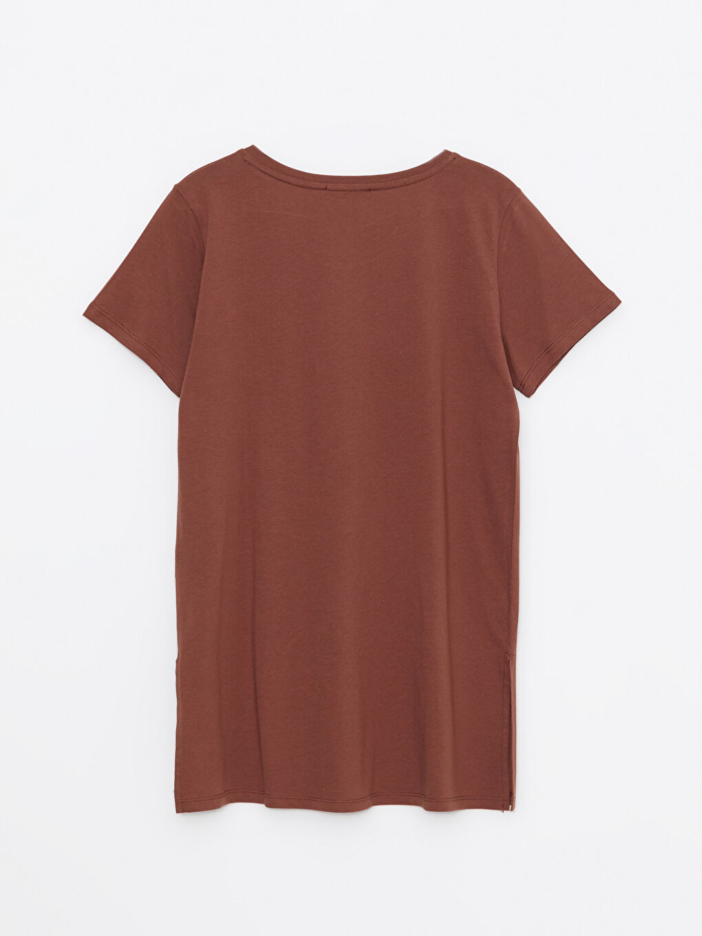 Kahverengi Bisiklet Yaka Baskılı Kısa Kollu Pamuklu Kadın Tişört-6