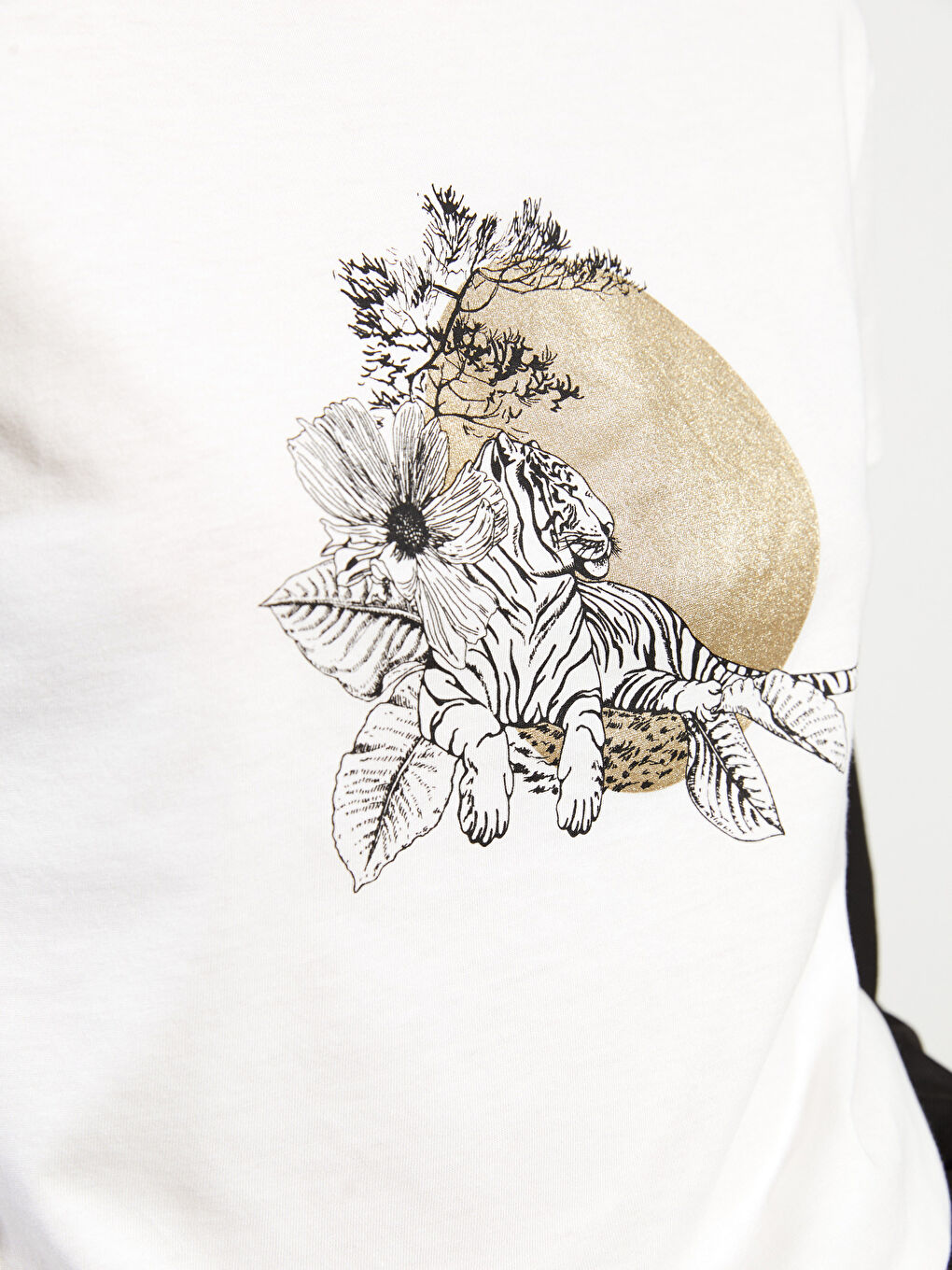 Ekru Bisiklet Yaka Baskılı Kısa Kollu Pamuklu Kadın Tişört-3